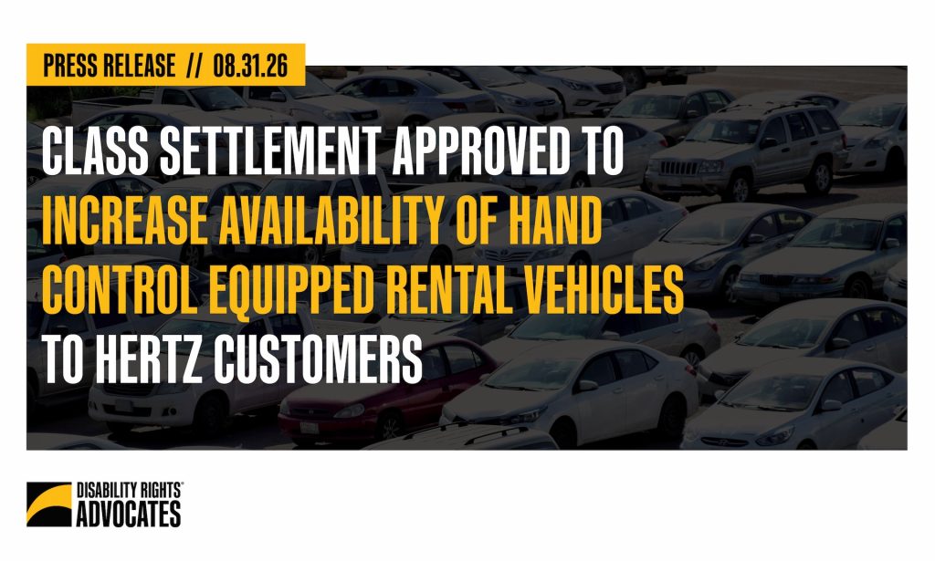 "Press Release 08.31.26, Class Settlement Approved to Increase Availability of Hand Control Equipped Rental Vehicles to Hertz Customers" + Parking lot full of cars + DRA logo